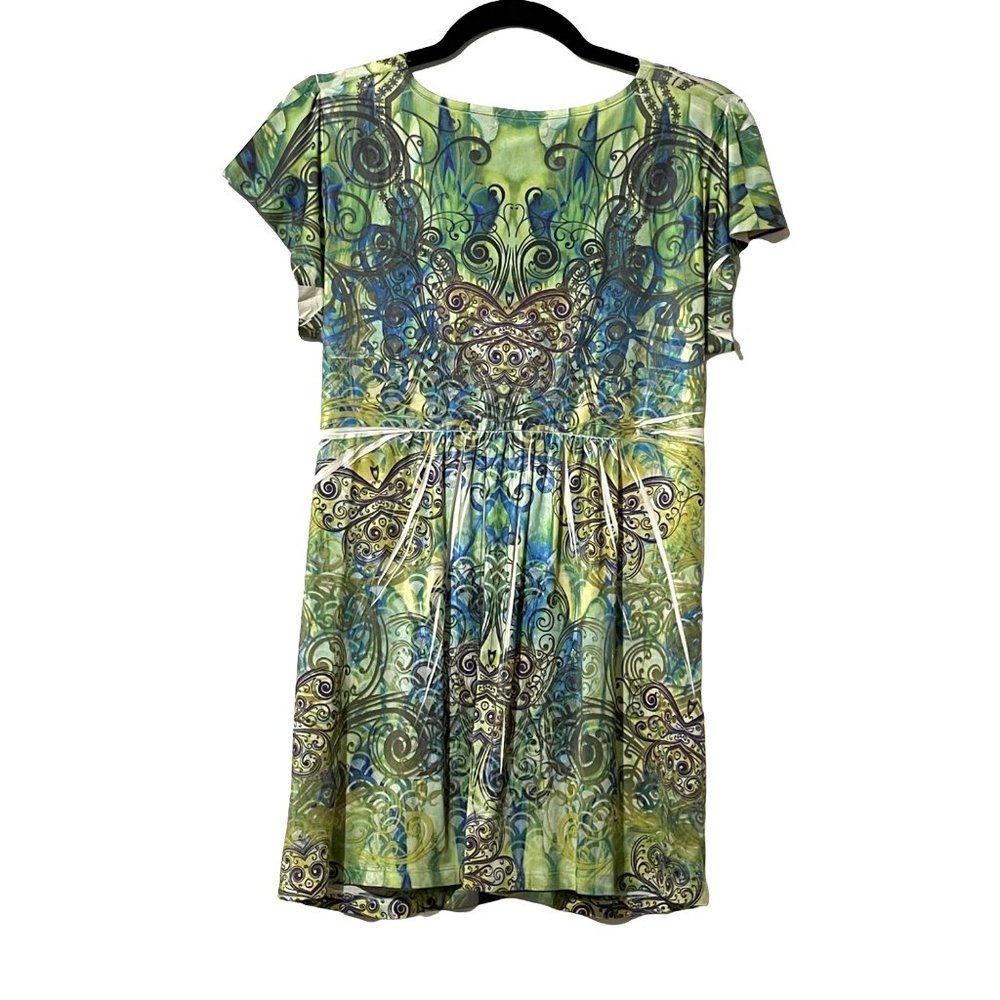 Unity Flutter Short Sleeve Boho Green/Blue Print … - image 3